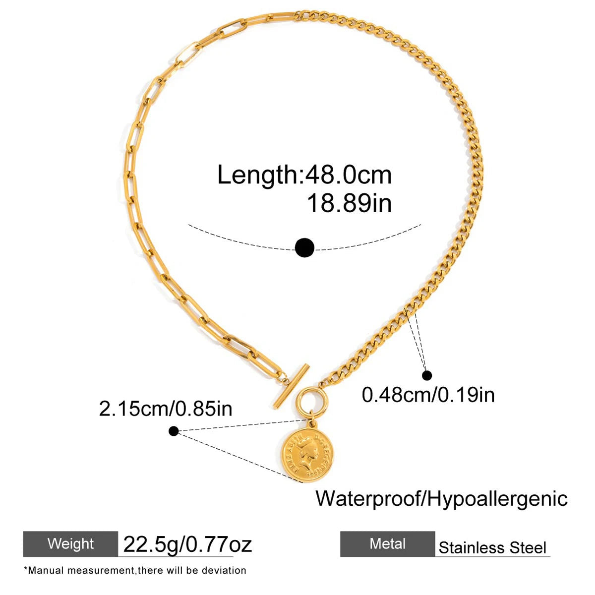 Gold necklace with measurement details on a white background