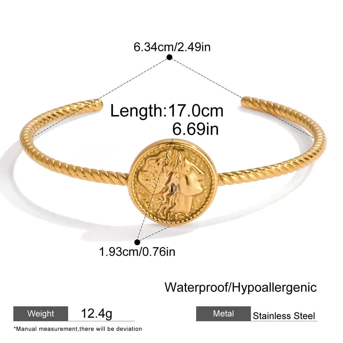 Gold bracelet with coin charm and measurement details on a white background