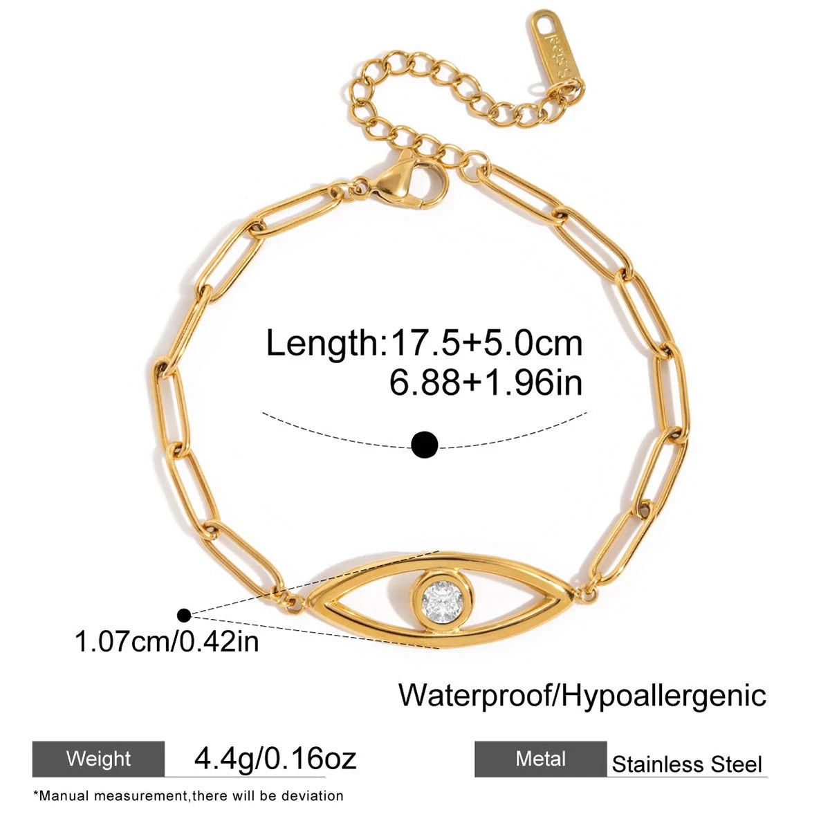 Gold bracelet with eye design and measurement details on a white background