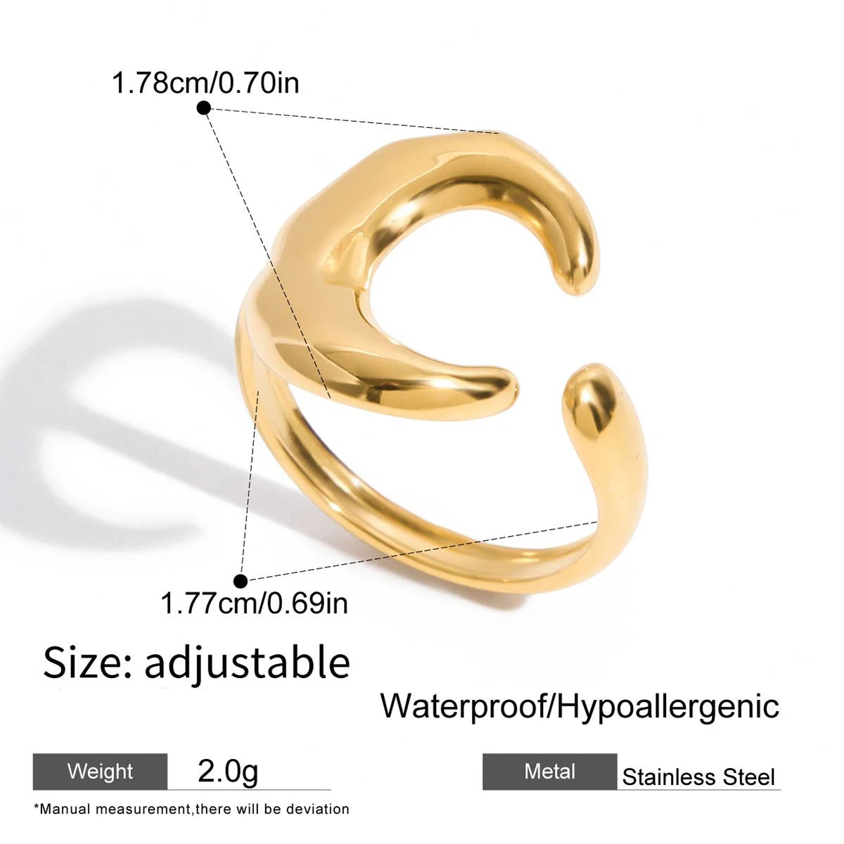 Gold earring with measurements and product details on a white background