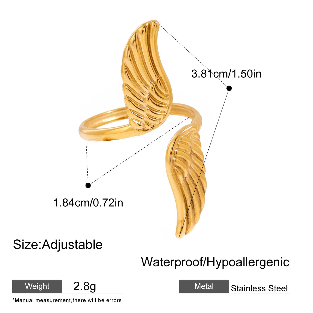 Gold wing-shaped ring with measurements and product details on a white background
