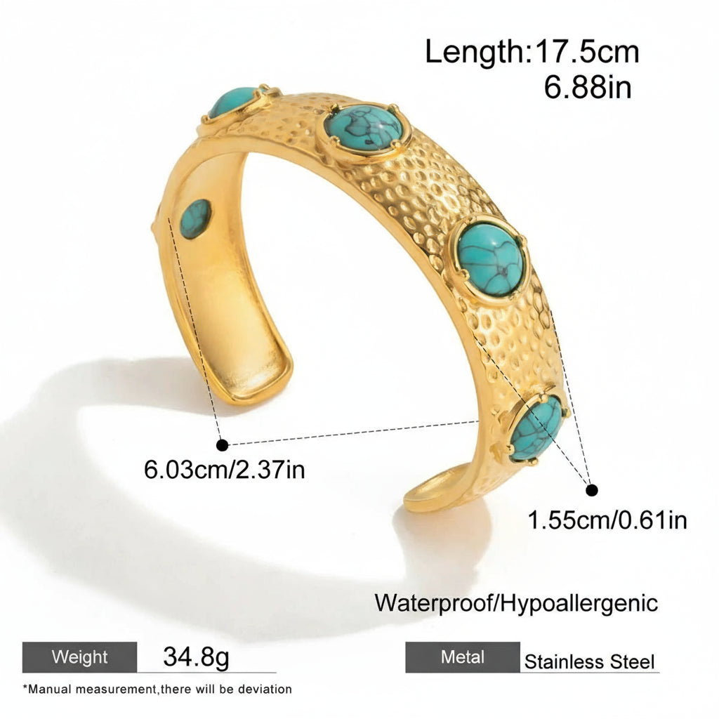 Gold bracelet with turquoise stones and measurements on a white background
