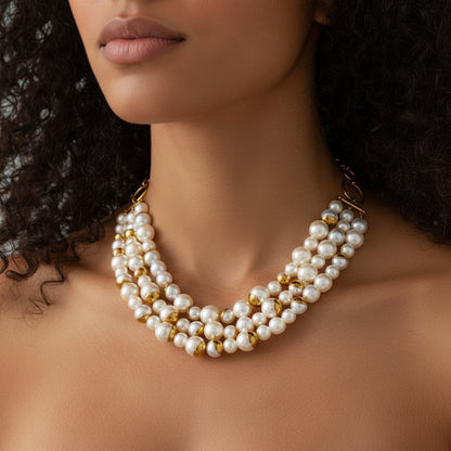 Pearl necklace with gold accents on a white background