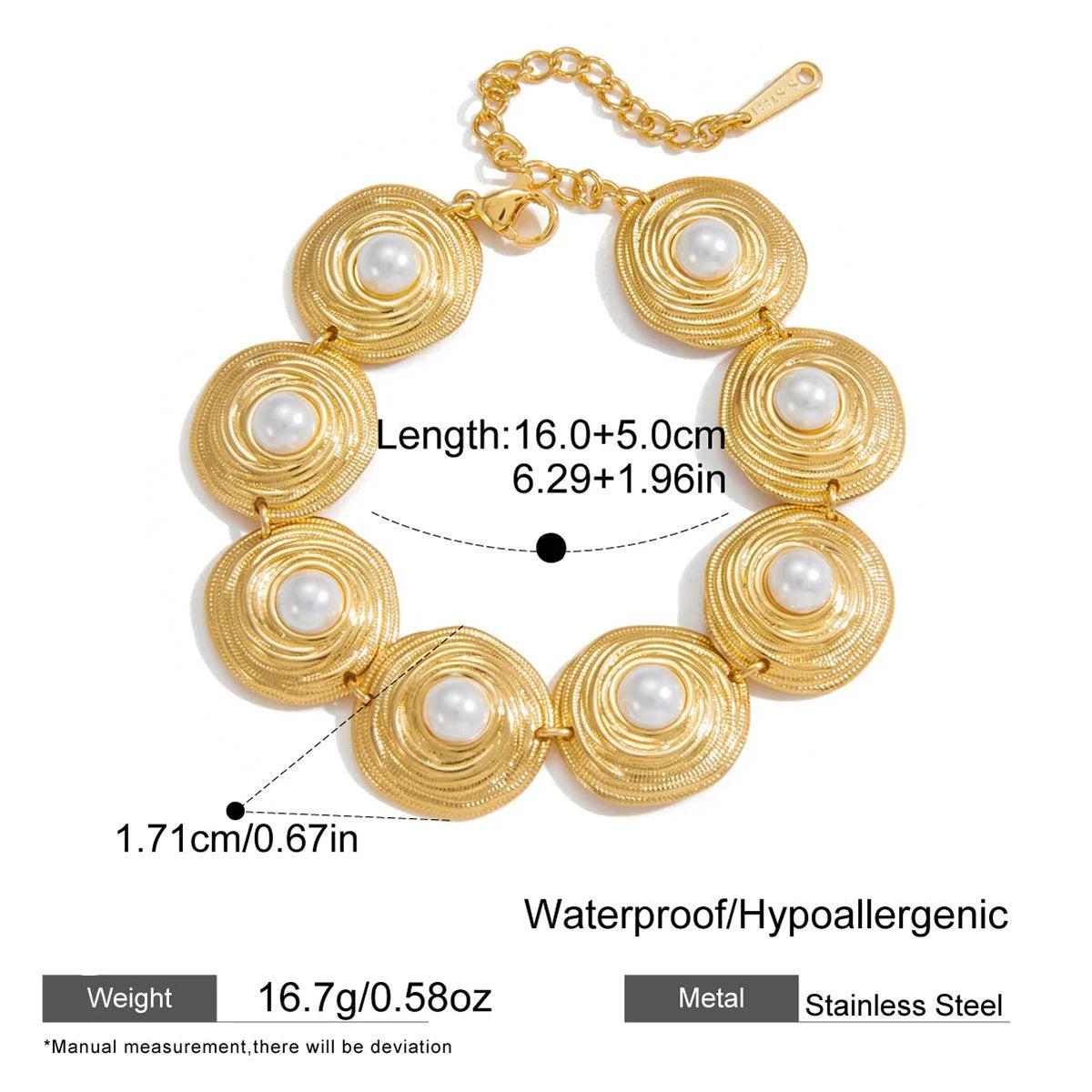 Gold necklace with pearls and measurement details on a white background